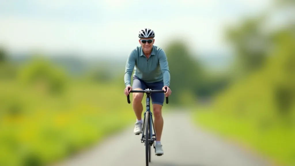 Active senior cyclist riding on Great Western Greenway with scenic Irish countryside in background