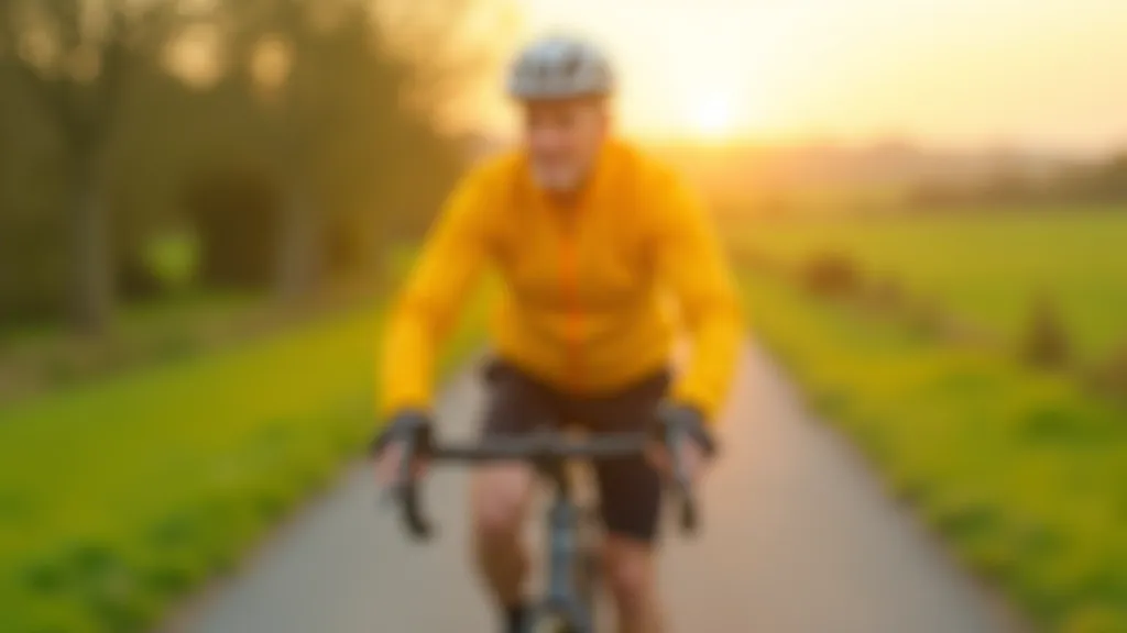 Mature cyclist in bright athletic wear riding on smooth paved greenway path with rolling green hills in background