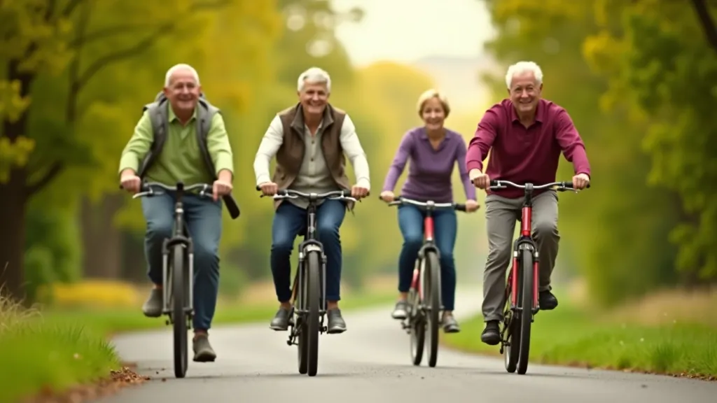 Group of active retirees on bicycles along Waterford Greenway