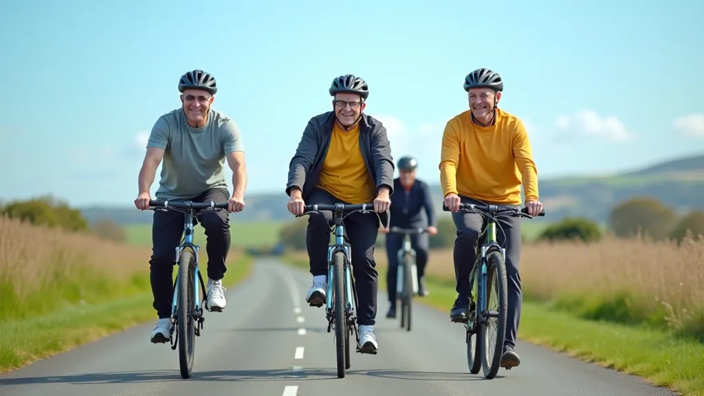 Group of senior cyclists enjoying a guided ride together near Galway
