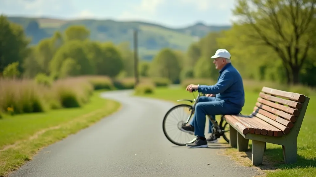 Scenic rest area on the greenway with wooden benches overlooking the landscape and cyclists taking a break