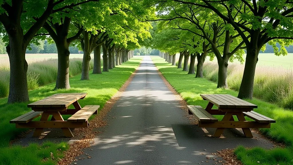 Rest area with picnic tables and benches along the greenway, surrounded by natural vegetation and shade trees