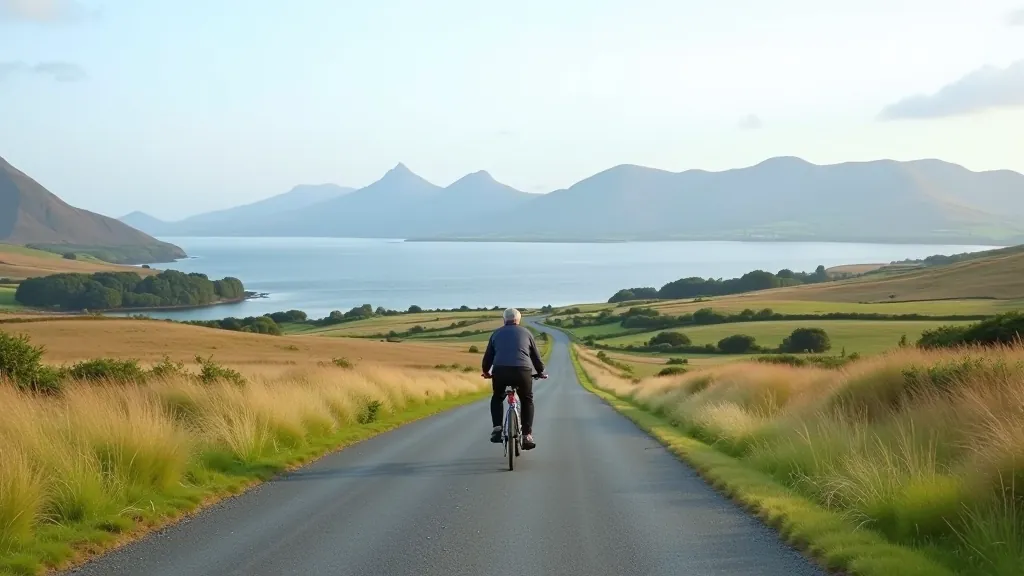 Scenic view of Clew Bay from the greenway with mountains in the distance and cyclists riding on paved path