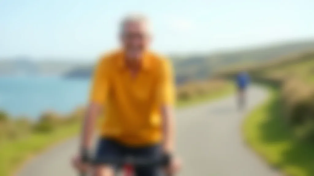 Senior cyclist smiling during a group ride on a sunny day on a paved path