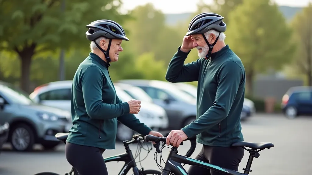 Older cyclists preparing bikes and checking helmets before a group ride