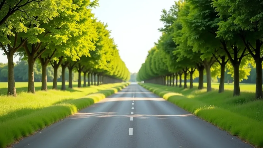 Wide paved greenway path with clear markings, tall trees on both sides, and open sky, showing the flat terrain and good surface conditions